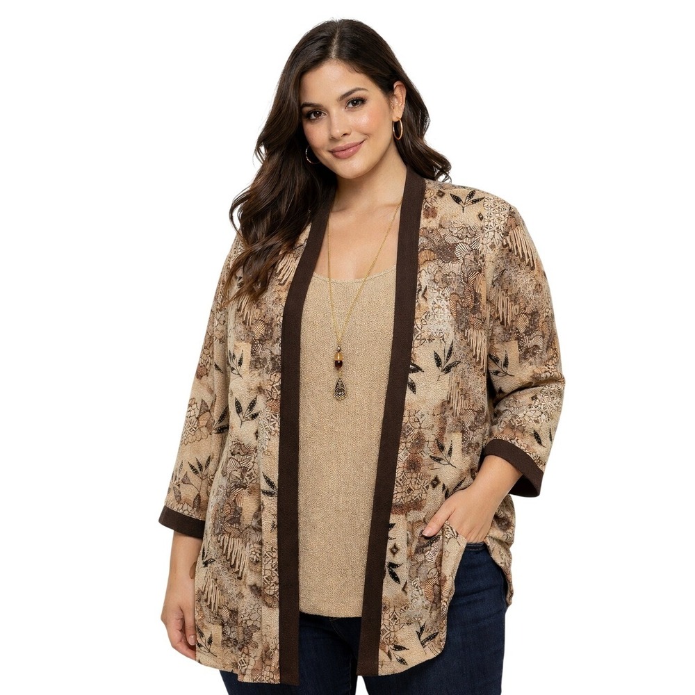 R&M Richards Jacket Tank Set 14 Mocha Brown Batik Floral Necklace‎ Shoulder Pads